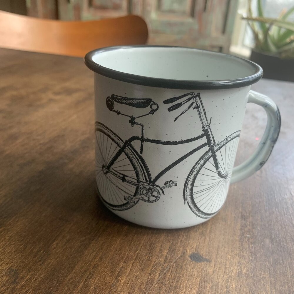 Handcrafted Mexican Enamel mug with bicycle